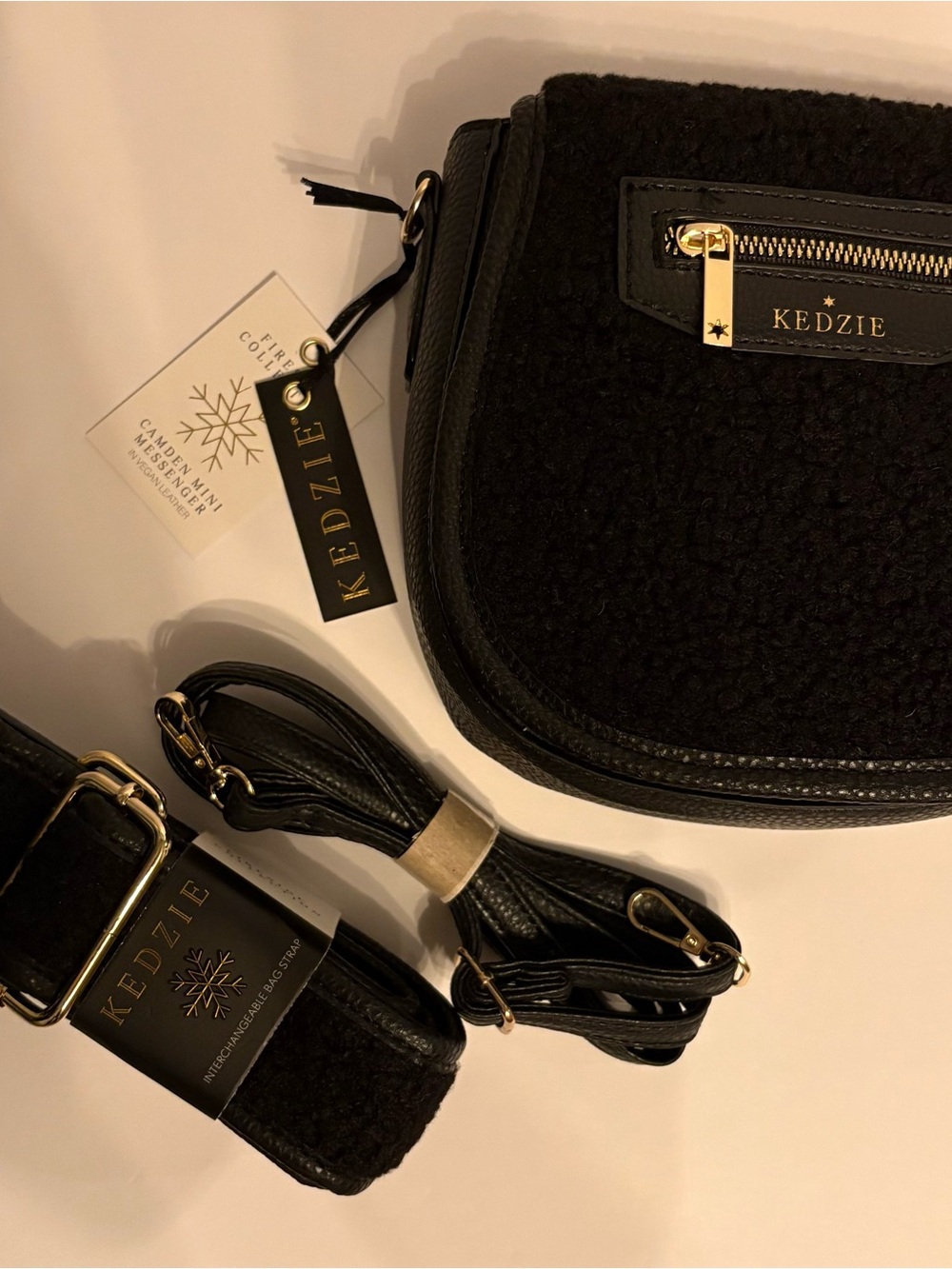 Kedzie Black Sherpa Crossbody Bag with Gold Hardware with 2 straps